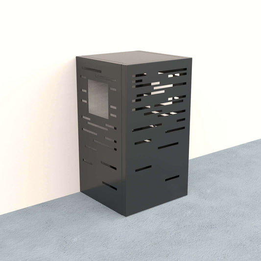 Stylish 9kg gas cage in aluminium with modern cut-out design, ideal for outdoor storage and protection from harsh weather.